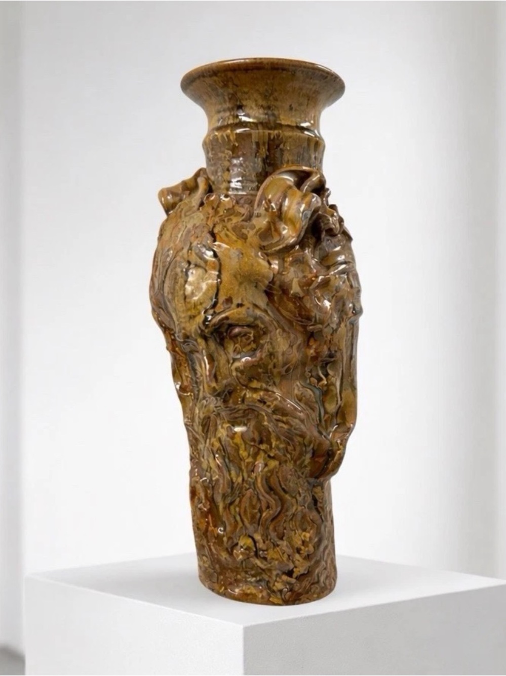 13” Studio Art Pottery Green Man Relief Vase Brown Drip Glaze Sculptural